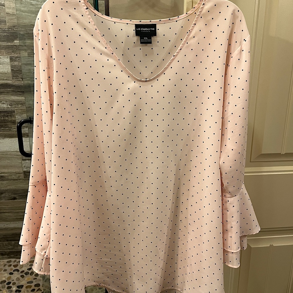 Ladies/Women’s Blouse - Light Pink with Black Polka Dots - Bell Sleeves